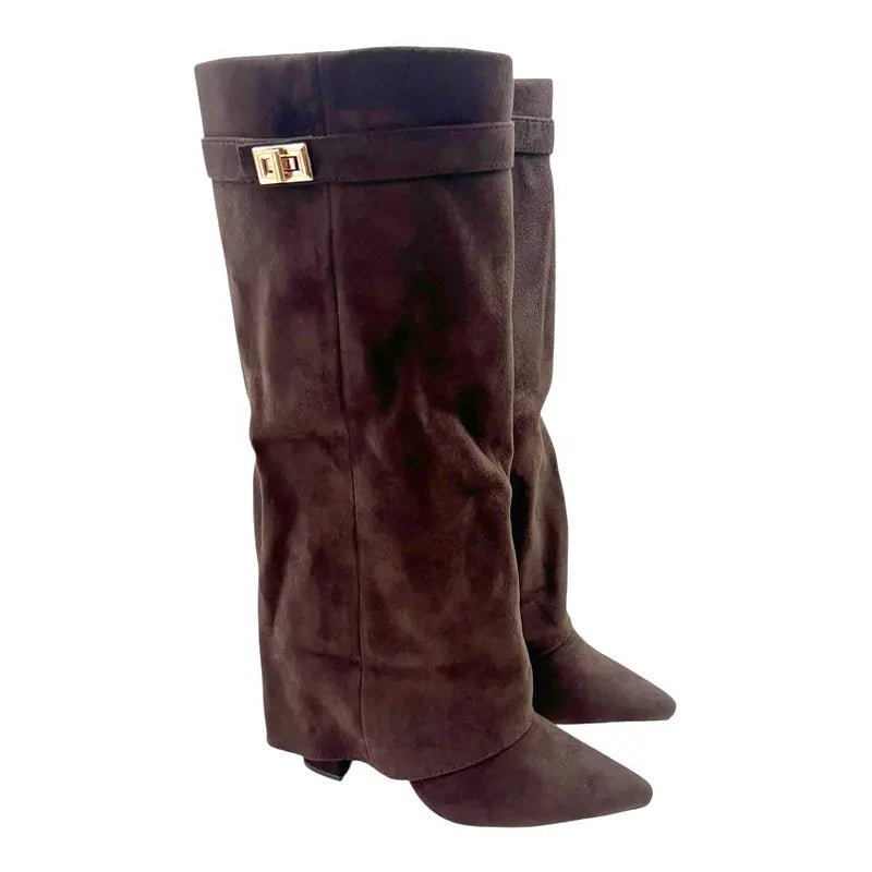 Sarah – Four-Inch Heel Suede Fold-Over Buckle Long Boots