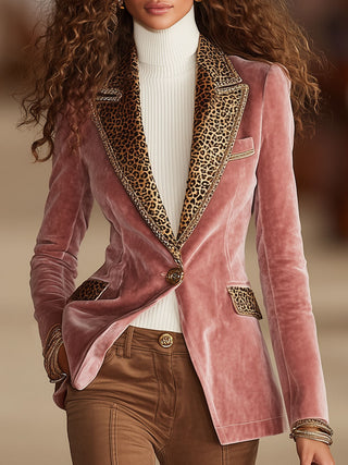 Brunella | Blazer a un bottone con stampa leopardata e cuciture in velluto rosa