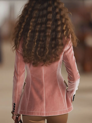 Brunella | Blazer a un bottone con stampa leopardata e cuciture in velluto rosa
