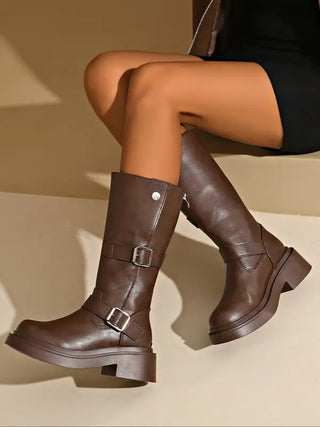 Jean – Thick Heel Knee-High Round Toe Slim Fit Soft Leather Boots