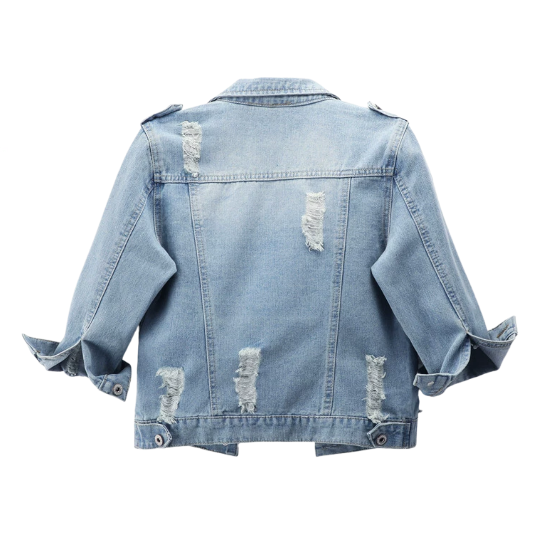 Nancy – Distressed Cropped Washed Denim Jacket