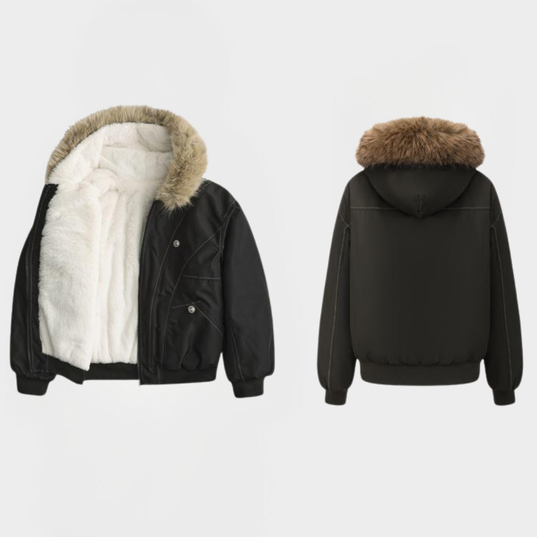 Briony – Elegant Warm Bomber Jacket with Faux Fur Collar and Hood