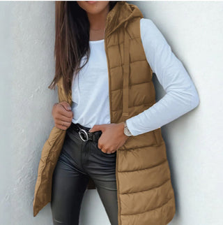 Freda – Casual Sleeveless Hooded Long Puffer Vest