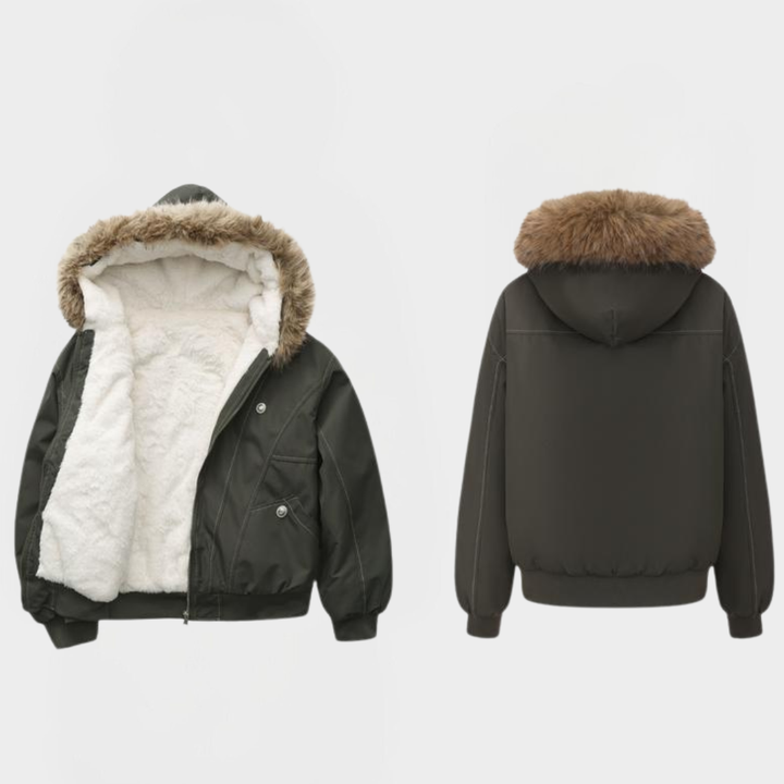Briony – Elegant Warm Bomber Jacket with Faux Fur Collar and Hood