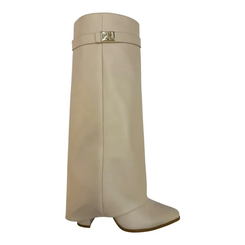 Sarah – Four-Inch Heel Suede Fold-Over Buckle Long Boots