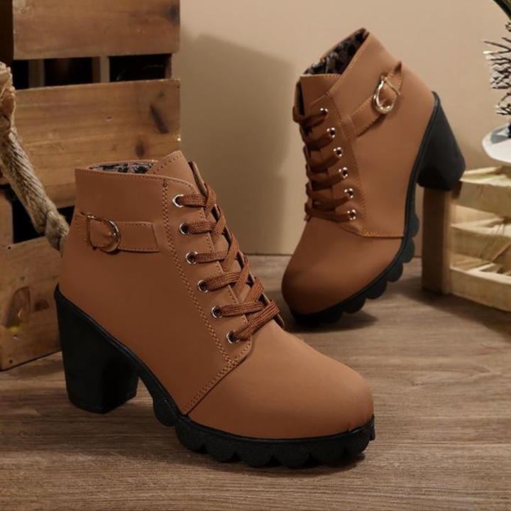 Mavis – Chic Lace-Up Metal Buckle Chunky Ankle Boots