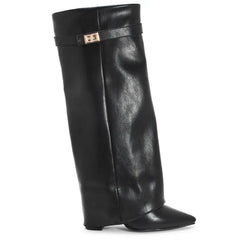Sarah – Four-Inch Heel Suede Fold-Over Buckle Long Boots
