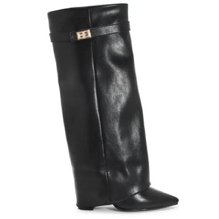 Sarah – Four-Inch Heel Suede Fold-Over Buckle Long Boots