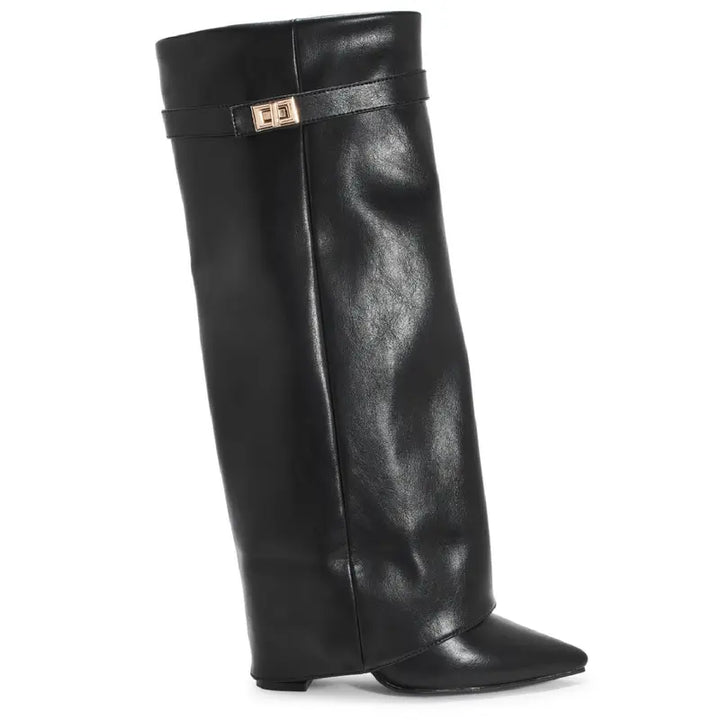 Sarah – Four-Inch Heel Suede Fold-Over Buckle Long Boots