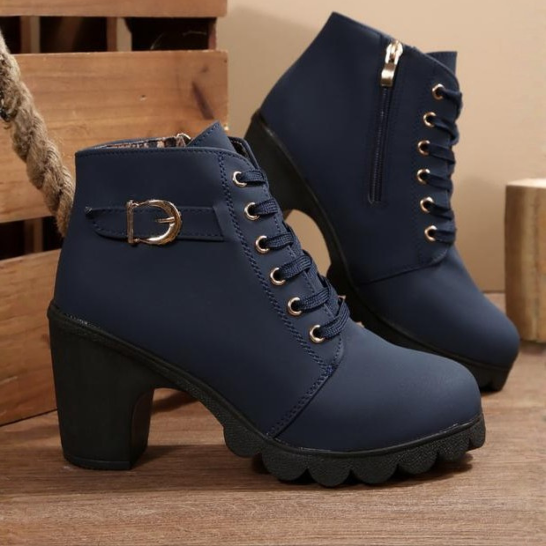 Mavis – Chic Lace-Up Metal Buckle Chunky Ankle Boots
