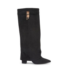 Sarah – Four-Inch Heel Suede Fold-Over Buckle Long Boots
