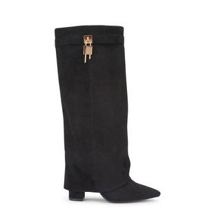 Sarah – Four-Inch Heel Suede Fold-Over Buckle Long Boots
