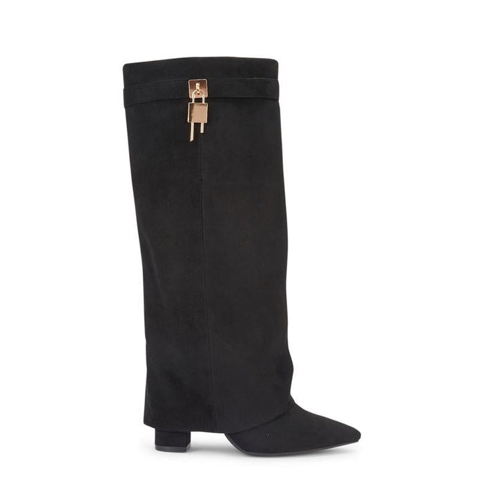 Sarah – Four-Inch Heel Suede Fold-Over Buckle Long Boots
