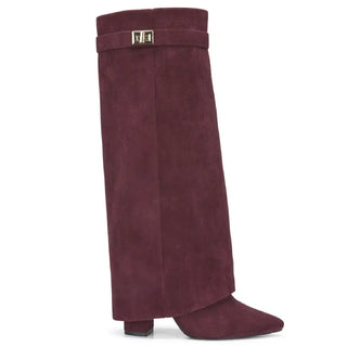 Sarah – Four-Inch Heel Suede Fold-Over Buckle Long Boots
