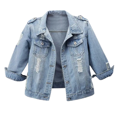 Nancy – Distressed Cropped Washed Denim Jacket