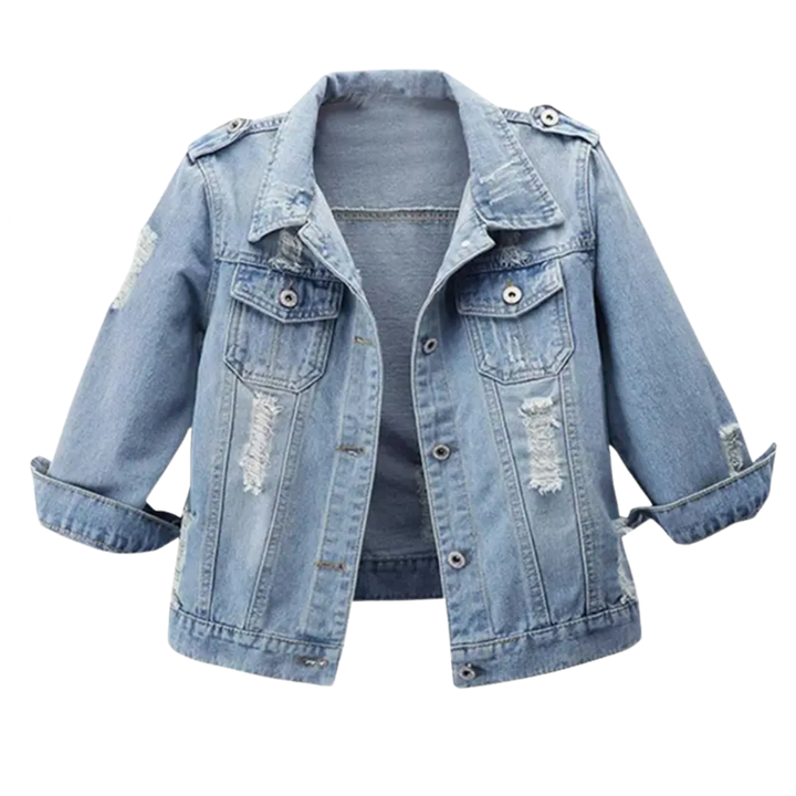 Nancy – Distressed Cropped Washed Denim Jacket