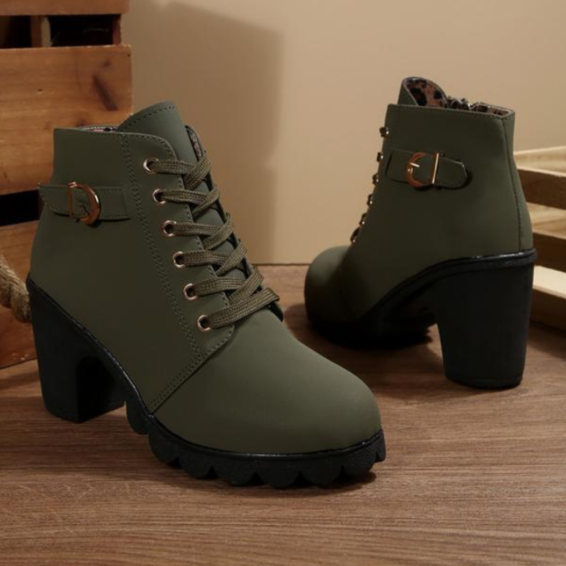 Mavis – Chic Lace-Up Metal Buckle Chunky Ankle Boots