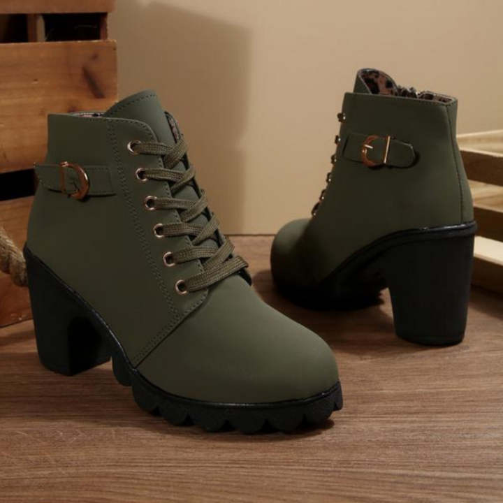Mavis – Chic Lace-Up Metal Buckle Chunky Ankle Boots