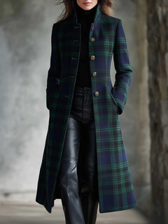 Cappotto midi a quadri con blocchi di colore verde bluastro in stile retrò