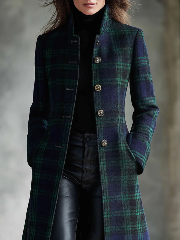 Cappotto midi a quadri con blocchi di colore verde bluastro in stile retrò
