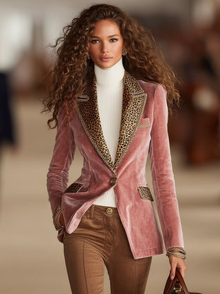 Brunella | Blazer a un bottone con stampa leopardata e cuciture in velluto rosa