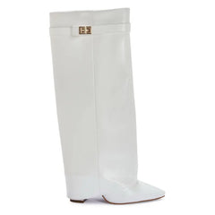 Sarah – Four-Inch Heel Suede Fold-Over Buckle Long Boots