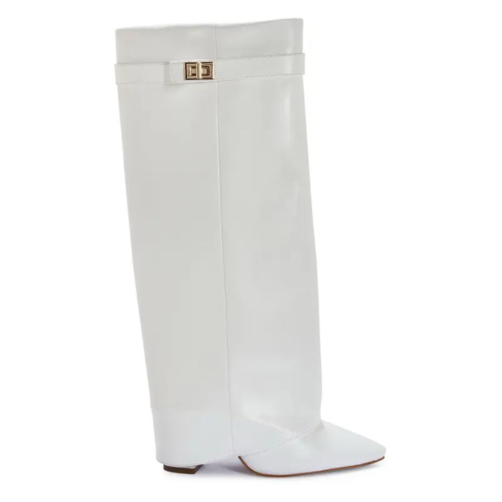 Sarah – Four-Inch Heel Suede Fold-Over Buckle Long Boots