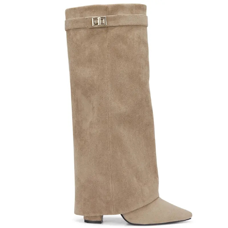 Sarah – Four-Inch Heel Suede Fold-Over Buckle Long Boots