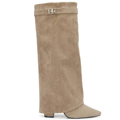 Sarah – Four-Inch Heel Suede Fold-Over Buckle Long Boots
