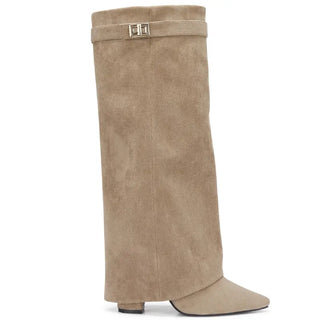 Sarah – Four-Inch Heel Suede Fold-Over Buckle Long Boots
