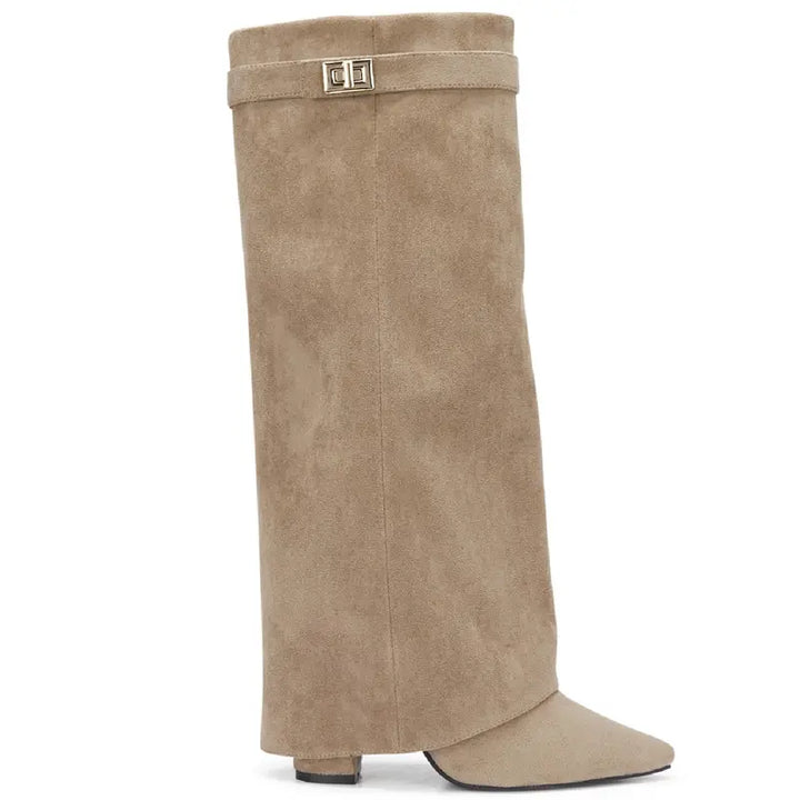 Sarah – Four-Inch Heel Suede Fold-Over Buckle Long Boots