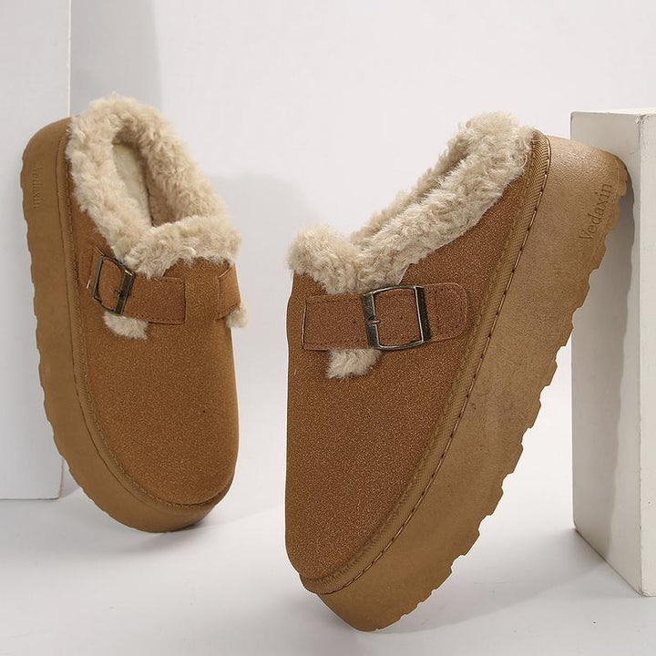 Ella – Suede Plush Buckle Slip-On Slipper Boots