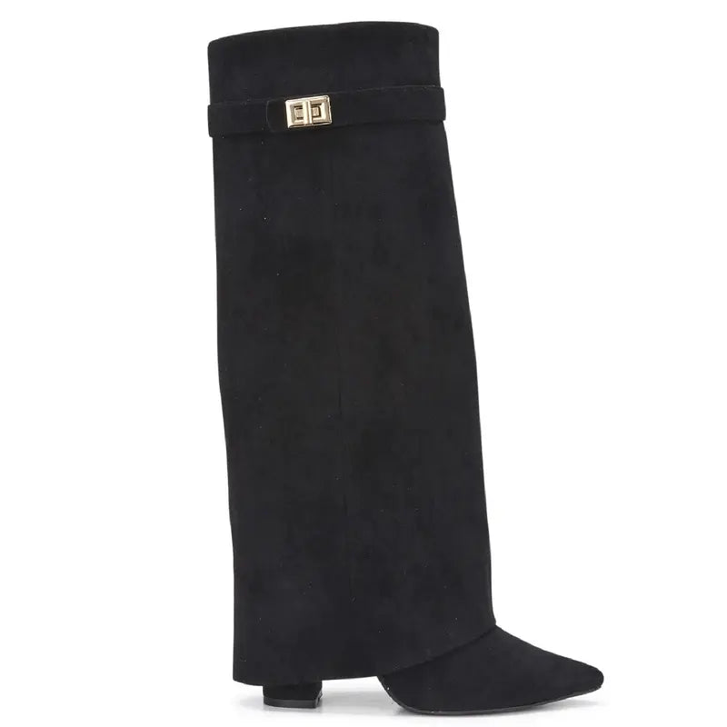 Sarah – Four-Inch Heel Suede Fold-Over Buckle Long Boots