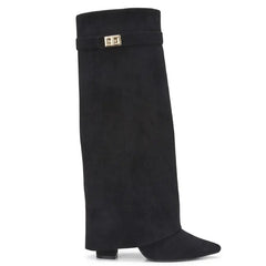 Sarah – Four-Inch Heel Suede Fold-Over Buckle Long Boots