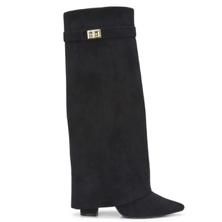 Sarah – Four-Inch Heel Suede Fold-Over Buckle Long Boots