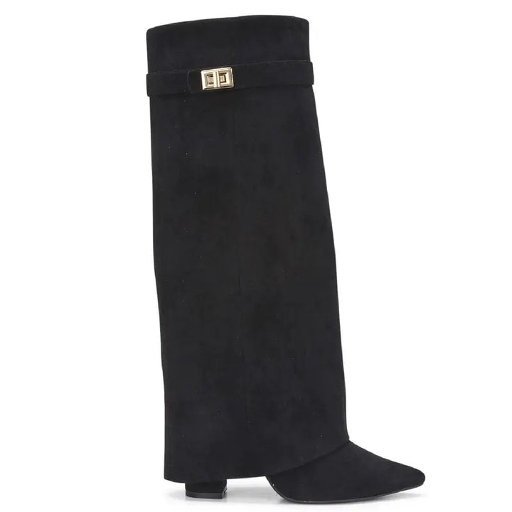 Sarah – Four-Inch Heel Suede Fold-Over Buckle Long Boots